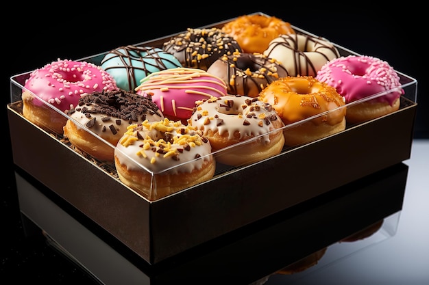 assorted donuts with chocolate frosted pink glazed and sprinkles donuts