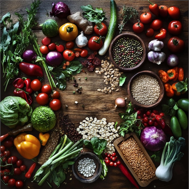 Assorted Fresh Organic Vegetables Fruits Legumes and Grains on Wooden Tabletop for Healthy Eating