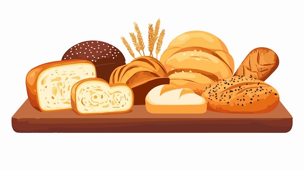 Vector assorted freshly baked bread on rustic wooden surface for bakery concept