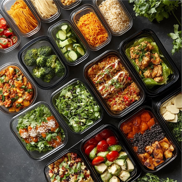 Vector assorted healthy meal prep containers featuring a variety of fresh ingredients including vegetabl