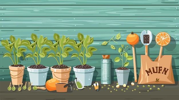 Vector assorted pack with seeds green seedlings in pots and orange fruit