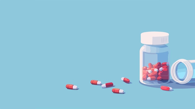 Assorted Pills and White Blank Plastic Jar on Blue Background