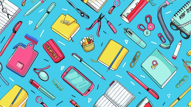 Assorted School Supplies and Stationery on Blue Background