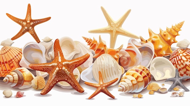 Vector assorted shells and starfish isolated on white background