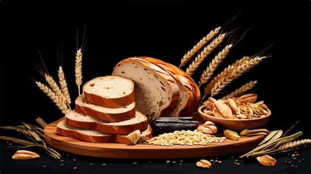 Vector assorted whole and sliced breads with wheat ears and scattered grains