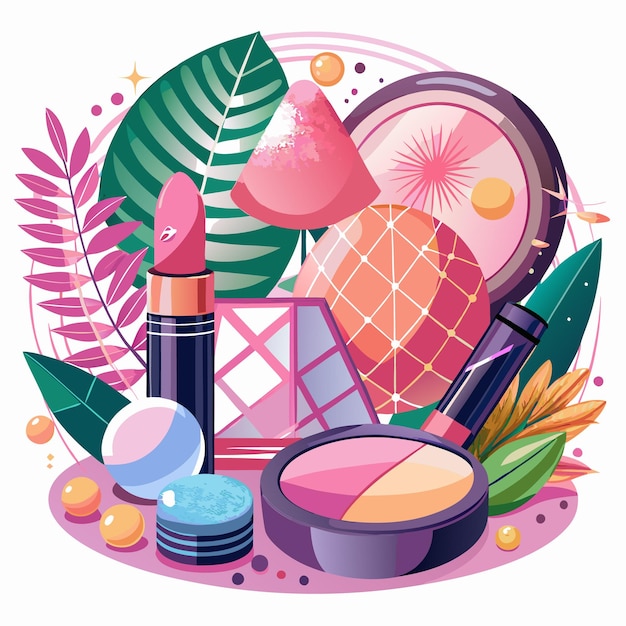 An assortment of beauty products including blush lipstick and eyeshadow surrounded by leaves and other tropical elements