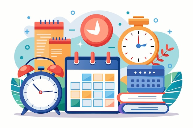 An assortment of calendars and clocks emphasizes time management and work deadlines creatively Work deadlines with alarms and calendars concept flat illsutration