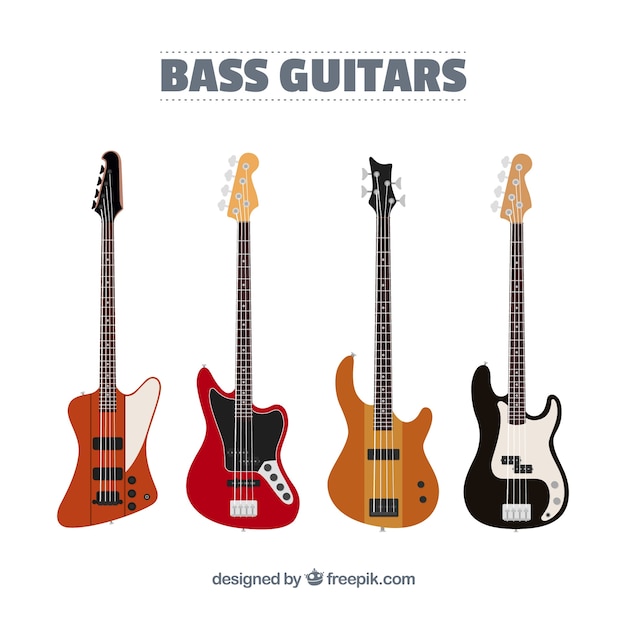 Assortment of fantastic bass guitars in flat design