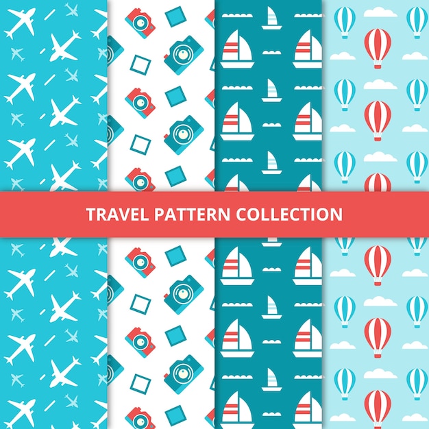 Assortment of summer travel patterns with blue tones 