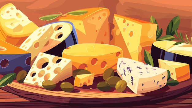 Vector assortment of tasty cheese on plate closeup