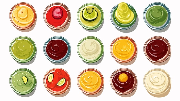 Vector assortment of various sauces in bowls and small jars for culinary creations