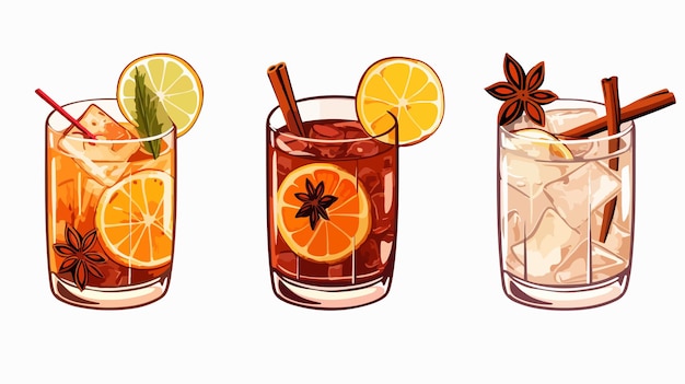 Vector assortment of winter cocktails mulled wine apple cider and more