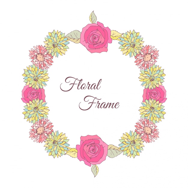 Aster and roses flowes. Round frame card