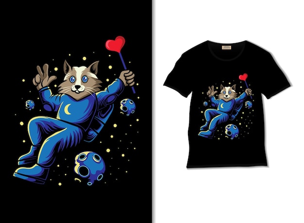 astrocat floating in space illustration with tshirt design