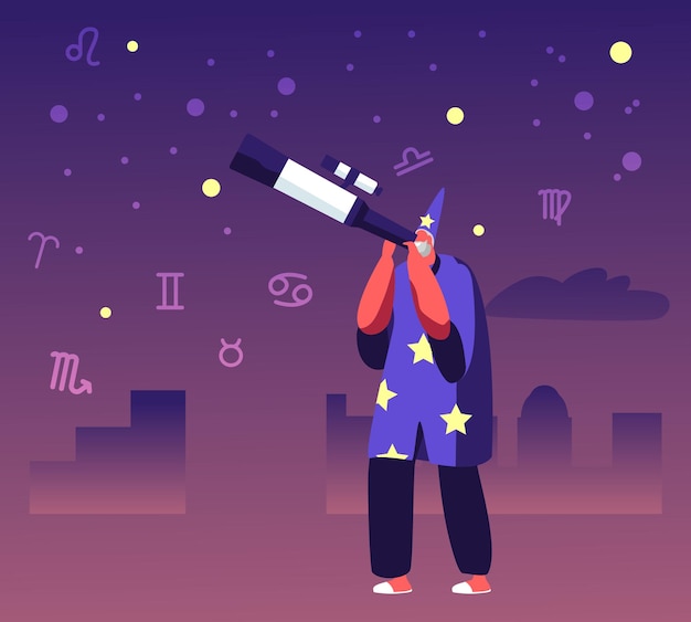 Astrologer in Costume and Cap Watching on Moon and Stars through Telescope Studying Space. Cartoon Flat Illustration