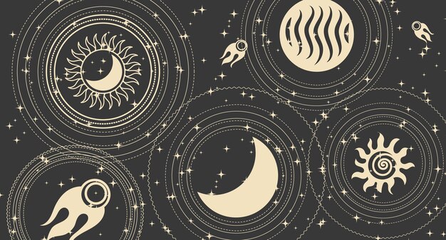 Vector astrological background in boho style golden mystical esoteric symbols of the moon sun stars