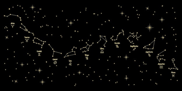 Astrological constellations of the zodiac signs on the background of the cosmos, set. Gold and black