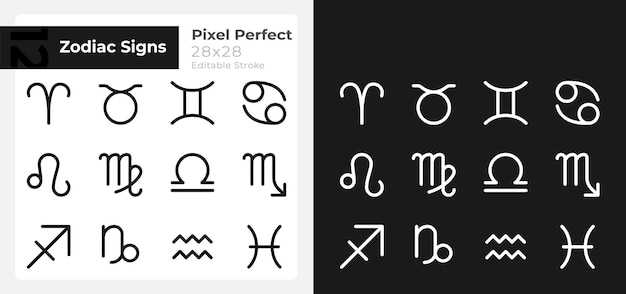 Astrological signs pixel perfect linear icons set for dark light mode