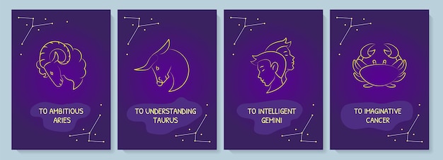 Astrological signs postcard with linear glyph icon set. Greeting card with decorative vector design. Simple style poster with creative lineart illustration. Flyer with holiday wish