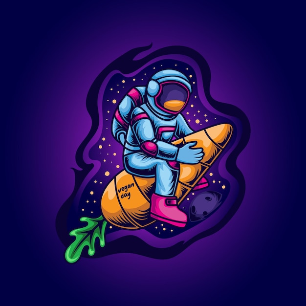 Astronaut Adventure in The Space With Carrot Rocket Illustration