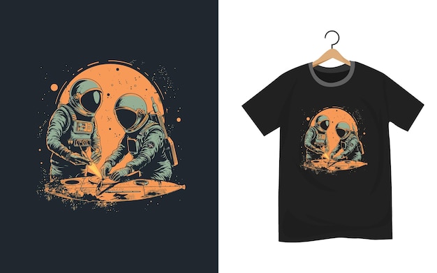 astronaut and an alien working on a spaceship repair t shirt design template