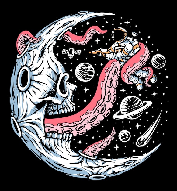 Astronaut attacked by moon monsters illustration