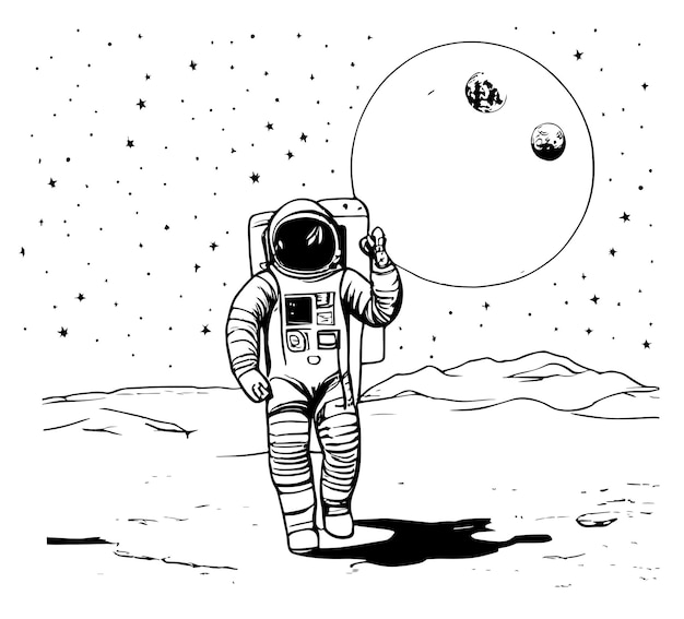 Astronaut on the background of the moon and the starry sky waving hand sketch hand drawn.Doodle