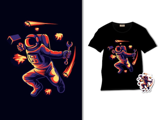 Astronaut block meteors illustration with t shirt design