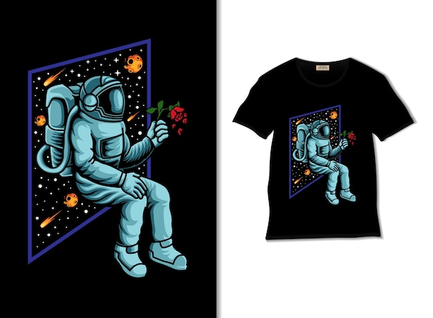 Astronaut brings the rose illustration with t shirt design