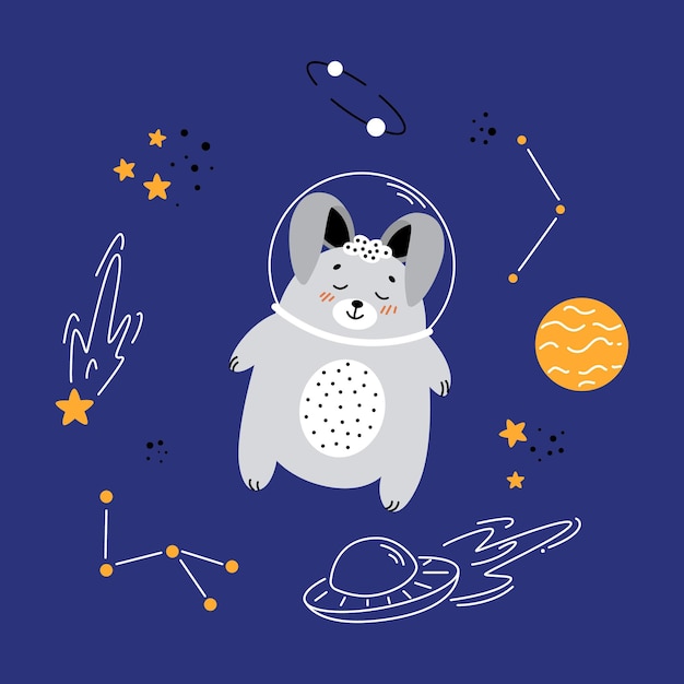 Astronaut bunny, bunny flying in space, children's illustrations on the space theme, spaceships