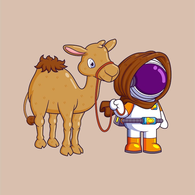 A Astronaut and a camel traveling in the desert caravan