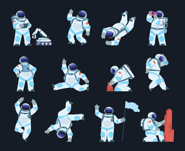 Astronaut Cartoon spaceman in different poses Cosmic explorer wears spacesuit and helmet Cosmonaut takes soil samples or explores surface with space robot Vector spacewalk scenes set