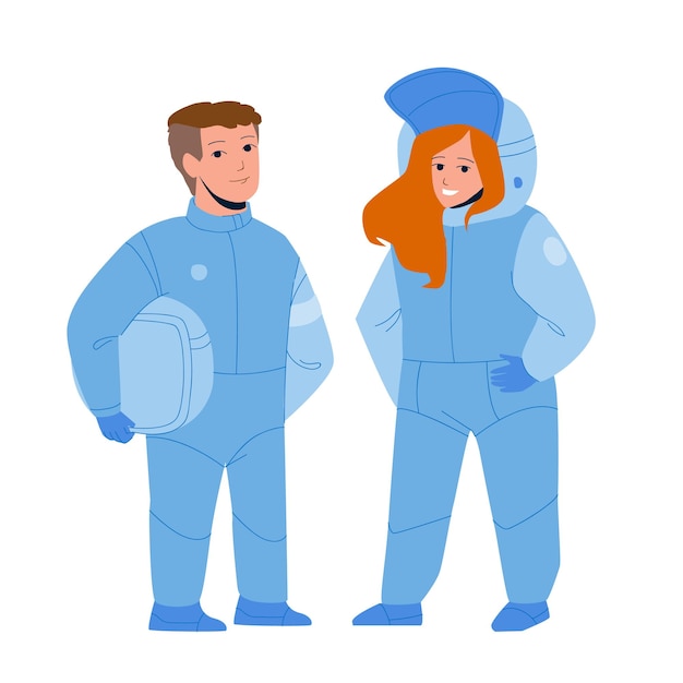 Astronaut Children Couple In Space Suit Vector. Astronaut Children Boy And Girl Future Work. Characters Teenagers Profession Dreaming For Adventure And Discover Flat Cartoon Illustration