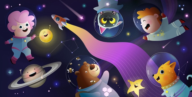 Astronaut Children and Space Animals Wallpaper Kids outer space fantasy