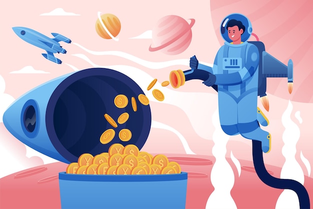 Astronaut Collects Crypto Currency coins on Rocket