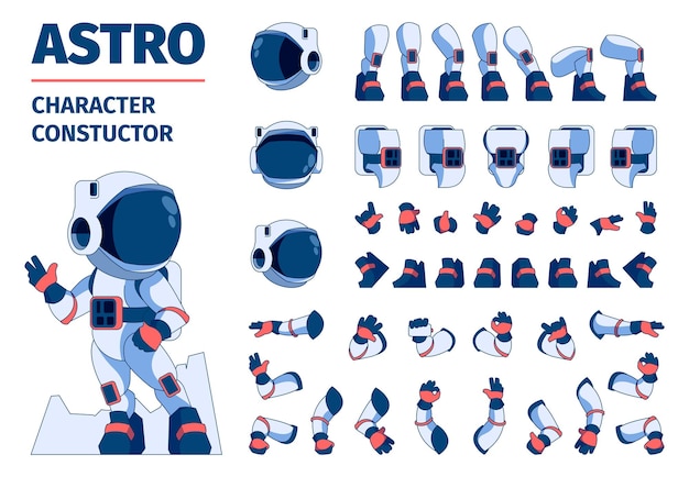 Astronaut constructor kit Cartoon space character body parts for animation sequence arms legs and heads astronauts in spacesuits Vector sprite collection