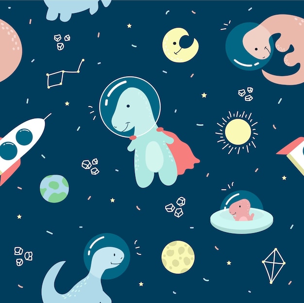 Astronaut dinosaur character seamless pattern