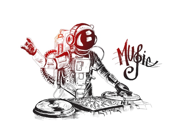 Astronaut DJ with console Sketch Vector illustration