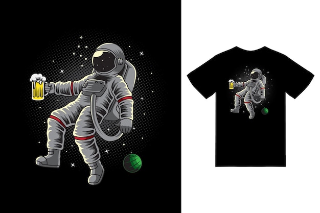 Astronaut drinking in space illustration with tshirt design premium vector