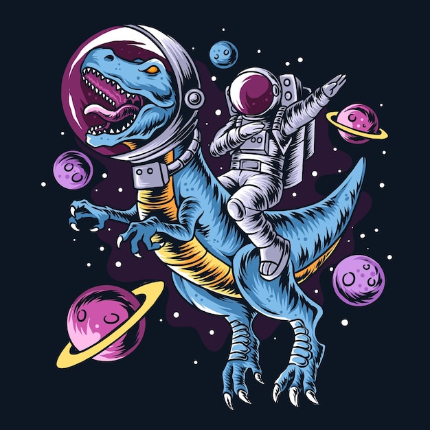 The astronaut drives the t-rex dinosaurs in the outer space full of stars and planets. editable layers   artwork