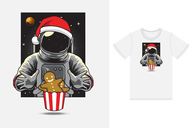 Astronaut eating cookies illustration with tshirt design premium vector