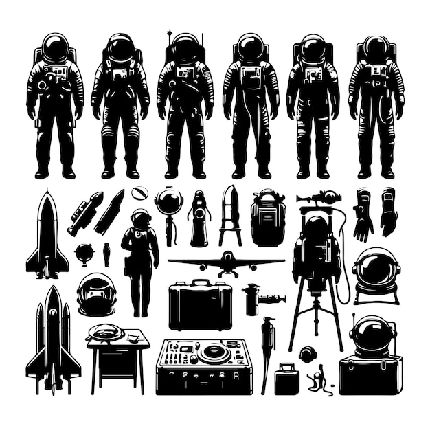 astronaut equipment set collection silhouette vector