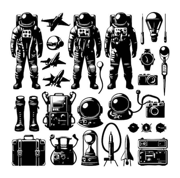 astronaut equipment set collection silhouette vector