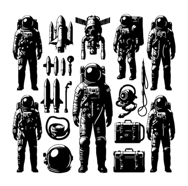 astronaut equipment set collection silhouette vector