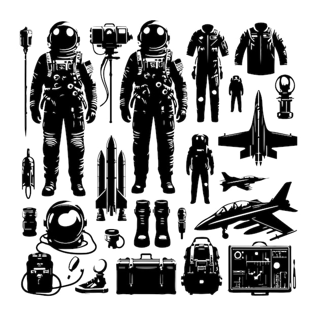 astronaut equipment set collection silhouette vector