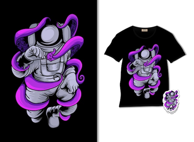 Astronaut fighting octopus illustration with t shirt design