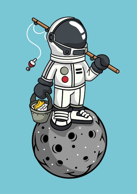 Astronaut Fishing illustration in hand drawn