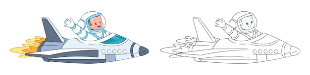 The astronaut flies in the space shuttle and waves his hand Vector illustration cartoon style