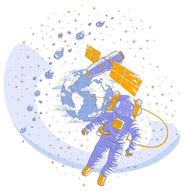 Vector astronaut flying in open space connected to space station and earth planet in background, spaceman in spacesuit floating in weightlessness and iss spacecraft, asteroids and stars. vector isolated.