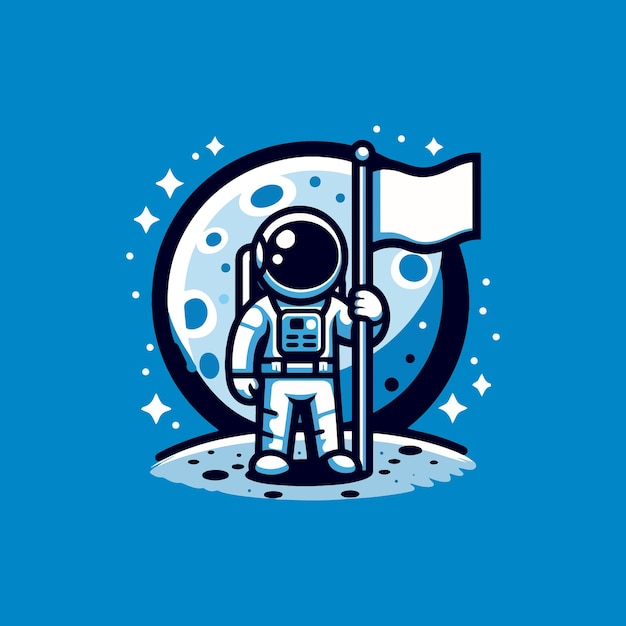 astronaut holding flag on moon cartoon vector icon illustration concept simple vector logo design